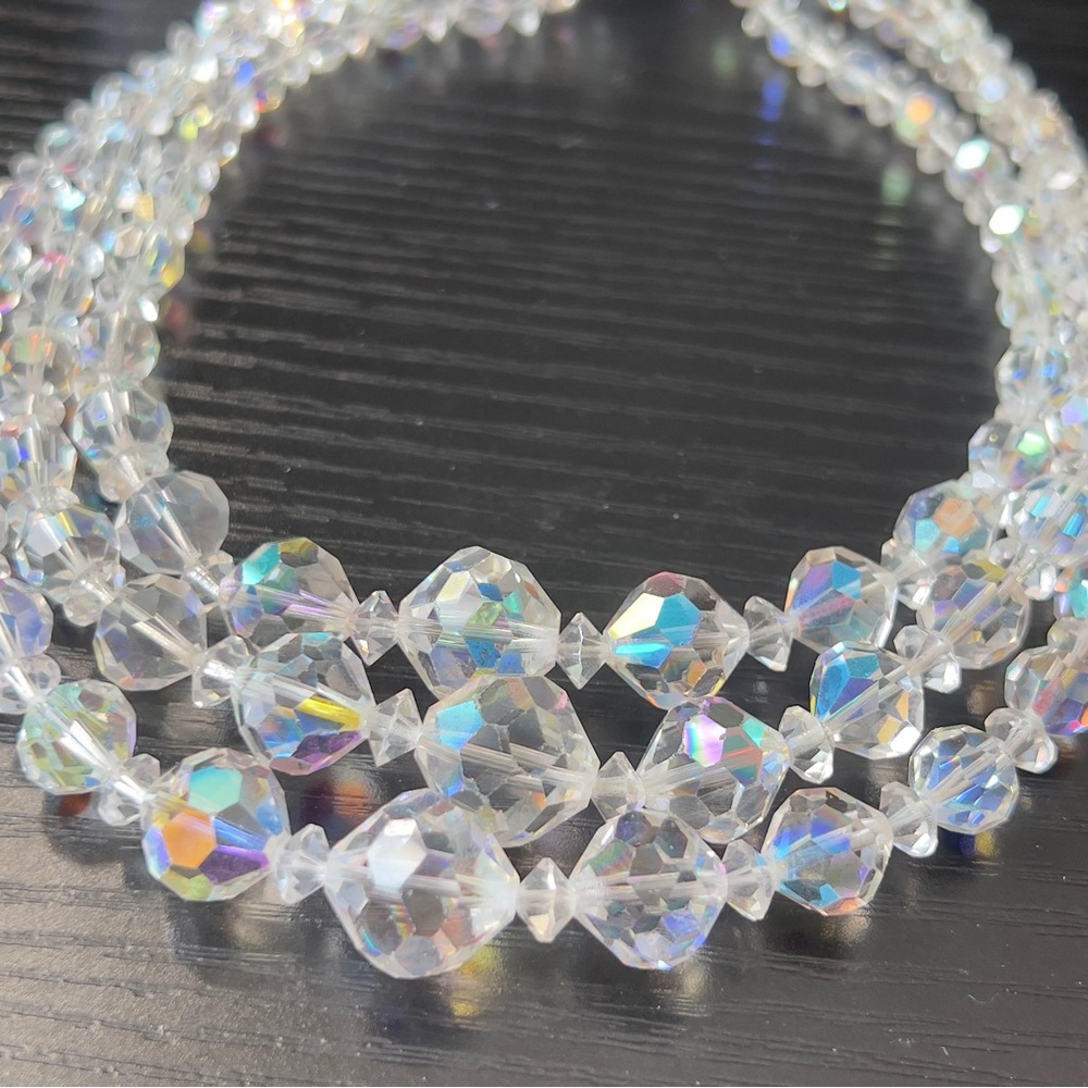 Vintage Aurora Borealis Glass Beaded Three Tiered Choker Style Necklace/Earrings - Picture 3 of 9